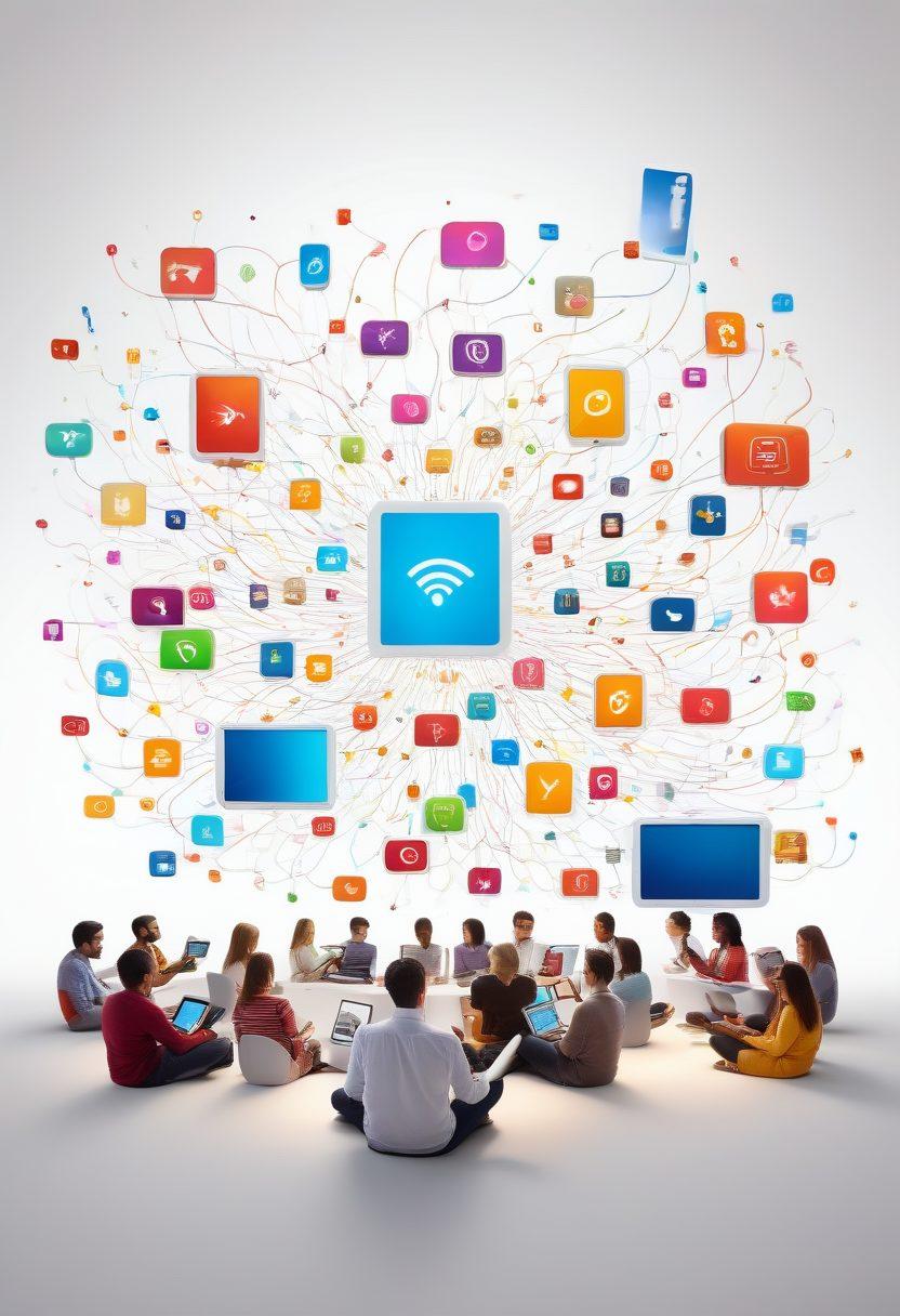 A diverse group of people engaging with various digital devices, displaying joyful expressions as they navigate a colorful, interactive user interface filled with icons of popular apps and websites. Bright light emanates from the screens, symbolizing innovation and connectivity, with abstract elements representing user satisfaction and feedback swirling around them. super-realistic. vibrant colors. white background.