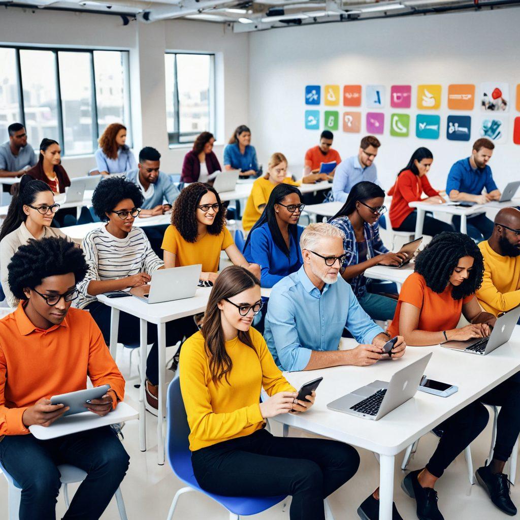 A diverse group of internet users of various ages and backgrounds, engaged with multiple digital devices like smartphones, laptops, and tablets. The scene is set in a modern, colorful workspace that highlights different activities: social media, online shopping, content creation. Bright and inclusive, with digital elements like social media icons and data streams subtly integrated in the background. super-realistic. vibrant colors. white background.