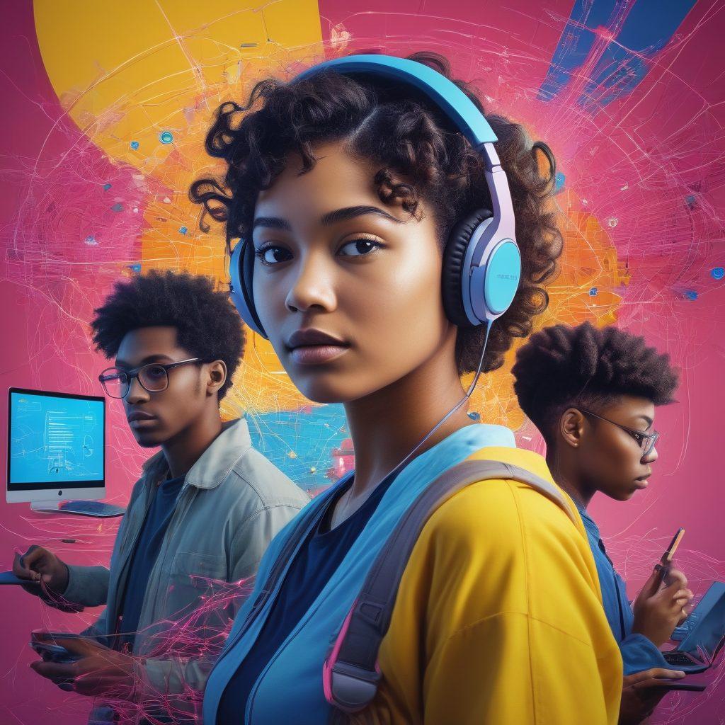 A vibrant digital collage depicting diverse individuals engaged in various online activities, such as video calls, gaming, and social networking, blended with abstract representations of technology and data flow. Include elements symbolizing global connectivity, like a world map made of interconnected lines and nodes. The background should be a burst of colors representing creativity and innovation. super-realistic. bright and colorful.